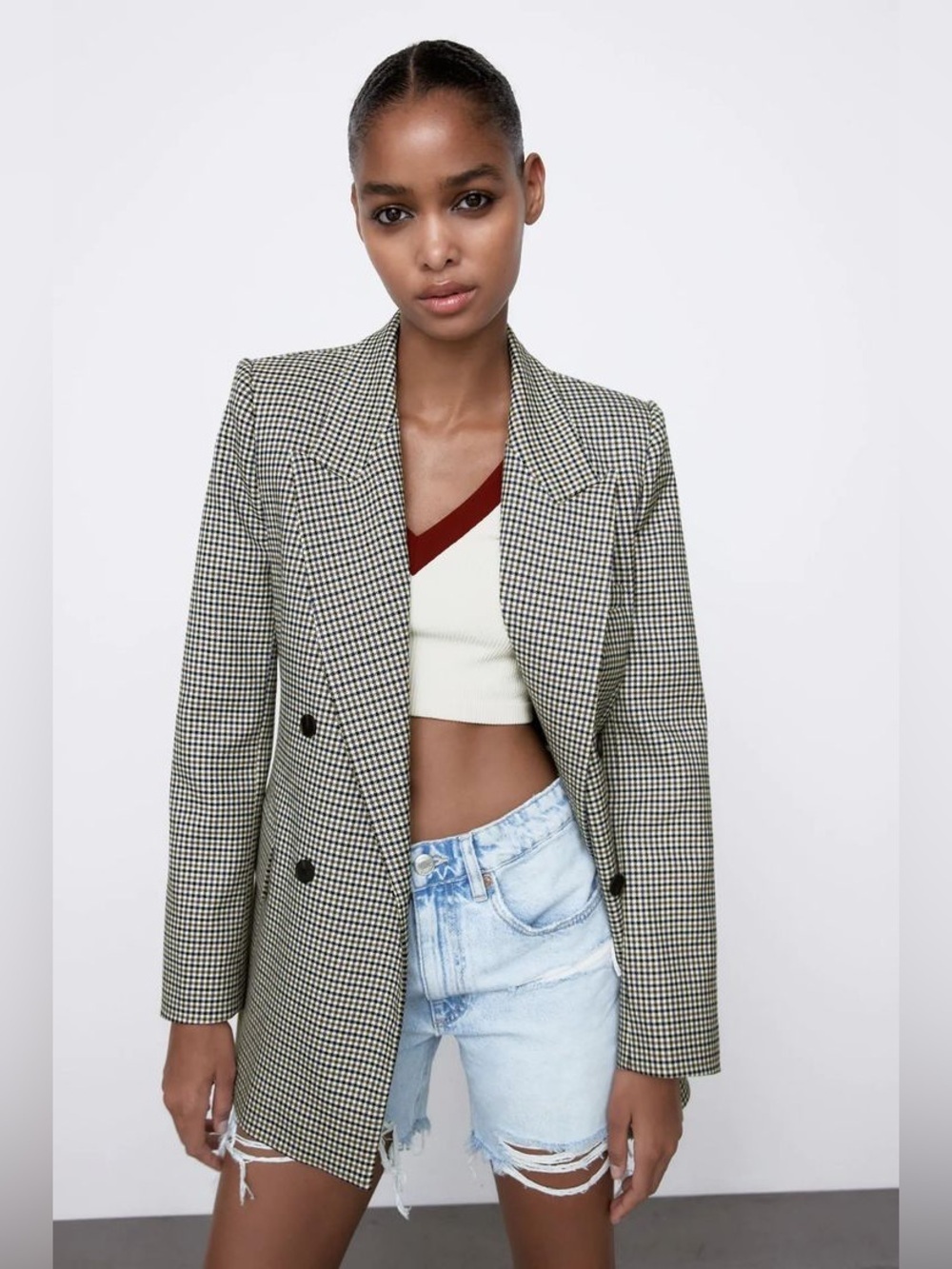 Zara Double-Breasted Houndstooth Blazer Size Medium Black & White